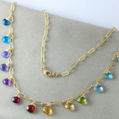 Colorful Necklace Multi Drop Necklace Rainbow Gemstone Necklace Rainbow Necklace Rainbow Choker Paperclip Chain Gold Precious Stone Necklace (32528 - 4) Rainbow Color Palette, Multi Gemstone Necklace, Bookish Stuff, Rainbow Palette, Gemstone Necklaces, Rainbow Jewelry, Solid Gold Necklace, Sky Blue Topaz, Blue Apatite