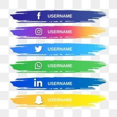 four different colored brush strokes with social icons on them, including the word username, username, username and instagram