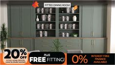 an advertisement for a furniture store featuring cabinets and bookshelves with the text free fitting 20 % off