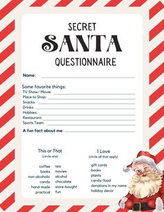 the secret santa question sheet is in red and white stripes