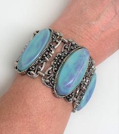 "Vintage SELRO Wide Bracelet 1950s Victorian Style Acrylic Teal Blue 7.5\" x 2\" Statement Bracelet Excellent vintage condition - Rare and Collectable Please zoom in on the pictures before bidding as they are part of the description. I leave the cleaning of all vintage jewelry to the new owner. Thank you for shopping!" Wide Bracelet, Mother Of Pearl Necklace, Statement Bracelet, Teal Blue, Victorian Fashion, Long Necklace, Pearl Necklace, Vintage Jewelry, Gemstone Rings