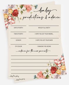 a baby shower game with flowers on it and the words be - boy, protectors & advice written in cursive writing