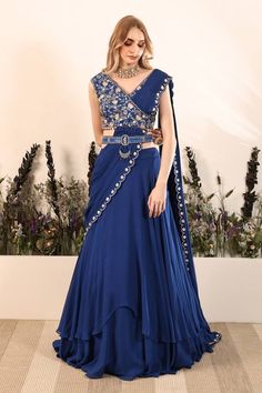 Blue pre-draped saree featuring scallop hem. Paired with a gota patti embroidered padded blouse. - Aza Fashions Draped Saree, Padded Blouse, Drape Saree, Scallop Hem, Lehenga Saree, Blouse For Women, Saree With Blouse, Scalloped Hem, Aza Fashion