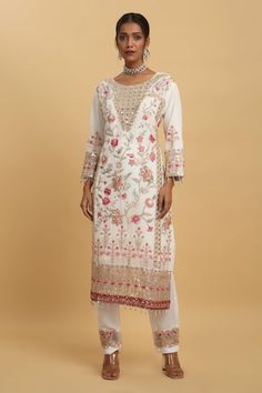 Festive white kurta with floral embroidery. Comes with pant and a dupatta. - Aza Fashions White Churidar In Georgette For Reception, Festive White Palazzo Set With Resham Embroidery, White Georgette Churidar For Reception, White Churidar With Resham Embroidery For Reception, White Floral Embroidered Salwar Kameez For Navratri, White Floral Embroidered Sets For Diwali, White Floral Embroidery Sets For Diwali, Diwali White Floral Embroidery Sets, Semi-stitched White Palazzo Set With Floral Embroidery