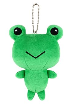 a green frog keychain with black eyes and an eye patch on it's face