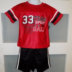 Faded Glory 2pc Short Set Black/Red Size 18 Months Boy's New Fitted Red Playwear Sets, Red Sports Sets For Spring, Sporty Red Sets For Spring, Red Sporty Playwear Sets, Sporty Red Playwear Set, Red Sporty Playtime Sets, Purple Plaid Shirt, White Faux Fur Vest, Jean Short Outfits