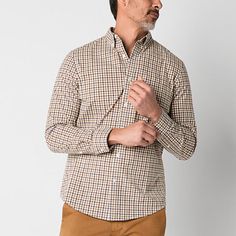 This St. John's Bay men's plaid button-down shirt will be a versatile staple for your wardrobe rotation. Crafted from soft stretch-cotton poplin, this classic-fit shirt has a button-down collar, long cuffed sleeves, and one chest pocket. Style it with chinos and loafers for an elevated look.Features: Stretch FabricClosure Type: ButtonFit: Classic FitNeckline: Collar NeckPockets: 1 Chest Slip PocketSleeve Length: Long SleeveSleeve Style: Cuffed SleeveApparel Length: 31 Inches - BackFiber Content: Plaid Cotton Dress Shirt For Business Casual, Plaid Cotton Dress Shirt With Spread Collar, Business Casual Plaid Cotton Dress Shirt, Business Casual Plaid Shirt With Spread Collar, Plaid Spread Collar Shirt For Business Casual, Business Casual Plaid Cotton Flannel Shirt, Plaid Cotton Flannel Shirt For Business Casual, Cotton Dress Shirt With Button Closure For Fall, Plaid Button-up Shirt For Business Casual