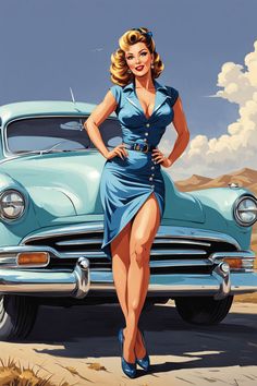 a painting of a woman standing next to a blue car in front of a desert landscape