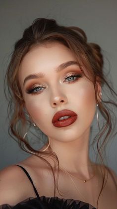 Makeup Ideas For Copper Dress, Classic Make Up Vintage Makeup, Full Face Makeup Brown Eyes, Wedding Makeup Red Dress, Wedding Makeup For Brown Eyes Red Hair, Brides Maid Make Up, Bridal Makeup Hooded Brown Eyes, Makeup For Green Velvet Dress, Peachy Brown Makeup