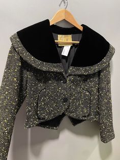 "Gorgeous Lilli Ann of San Francisco Cropped Wool Boucle Jacket w/ Black Velvet Shawl Collar. Fully lined. 2 buttons at front. 3/4 length sleeves. Decorative pockets. Measurements (Taken Flat): Best fit size M. Shoulder-Shoulder: 16\" Bust (Closed): 18\" Length: 18\" Excellent, vintage condition." Black Velvet Shawl, Denim Sherpa Jacket, Light Blue Sweatshirt, Lilli Ann, Velvet Shawl, Boucle Jacket, Blue Sweatshirt, Crop Jacket, Shawl Collar