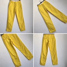 "Vintage pants Levi's LVC Big E Reedition 1990's Cotton chino pants in yellow color. Straight cut. Hook closure with zip. 7 belt loops. 2 front pockets, 2 buttoned back pockets. Tighter ankles with hamstitch. Red label on back waistband. Material: 100% cotton (no label) Condition: Vintage item in very good condition. To note: 3 small spots are present (photo). Price takes into account its flaws. Size: 28 Model wears usually a size S (36/38) and measures 170cm / 66.9\". Measures taken flat : Leng Vintage Ankle-length Cotton Pants, Yellow Straight Leg Summer Pants, Yellow Straight Leg Pants For Summer, Vintage Cotton Ankle-length Pants, Yellow Relaxed Fit Ankle-length Pants, Retro Yellow Pants With Pockets, Yellow Tapered Leg Bottoms For Spring, Mustard Straight Leg Bottoms For Spring, High-waisted Yellow Cotton Pants