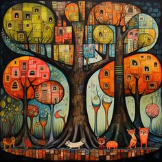 a painting of trees with cats and houses in the background, painted on canvas by an artist