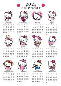 a calendar with hello kitty pictures on it's side and the date for each month