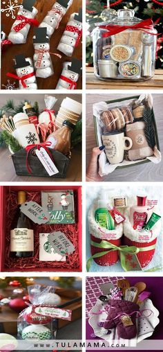 christmas gift baskets are arranged in different pictures and decorated with red ribbon, white snowflakes, gifts for the holiday season