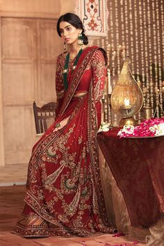 Latest Royal Deep Red Saree Bridal Pakistani Dress Elegant Red Sharara With Pallu, Traditional Gown With Sheer Dupatta For Formal Occasions, Traditional Formal Gown With Sheer Dupatta, Red Traditional Unstitched Gown, Traditional Formal Saree With Dabka Work, Traditional Dabka Work Saree For Formal Occasions, Traditional Saree With Dabka Work For Formal Occasions, Elegant Red Traditional Wear With Sheer Dupatta, Formal Red Lehenga With Sheer Dupatta