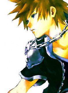 an anime character with spiked hair and chains on his neck is staring at the camera