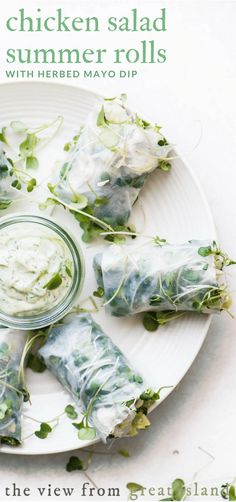 the cover of chicken salad summer rolls with herb mayo dip is shown on a plate