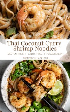 thai coconut curry shrimp noodles in a bowl with chopsticks