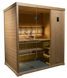 a wooden sauna is shown with its doors open