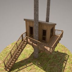 a small tree house on top of a hill with stairs leading to the upper level