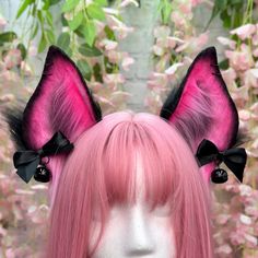 Kawaii Goth themed Bat Ears Cosplay Headband.  UV Neon Pink and Black Vampire Goth Bat ears !  Ears have black hoops permanently fixed. Optional bows! Two black bows with black bells on clips! Ears are wired and come on a metal headband.  PLEASE NOTE: CUSTOMIZATIONS TO ORDERS MUST BE MADE PRIOR TO PURCHASING! WE ARE NOT RESPONSIBLE FOR ANY CUSTOMIZATIONS AFTER PURCHASE IS MADE.  ALL CUSTOM ORDERS ARE FINAL WITH NO RETURNS. Please note my shop's ears and tails are completely hand crafted and migh Black Harajuku Style Costume Hat For Halloween, Harajuku Style Black Costume Hat For Halloween, Black Harajuku Style Halloween Costume Hats, Halloween Costume Accessories With Ears, Gothic Ears Costume Accessories For Cosplay, Gothic Costume Accessories With Ears For Cosplay, Cosplay Costume With Cat Ears For Cosplay Events, Cat Ears Costume Accessories For Cosplay Events, Halloween Cat Ears Cosplay Costume