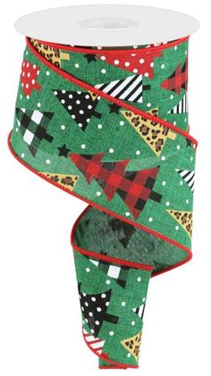 2.5 Mixed Patterned Trees Ribbon: Emerald Green - RGC175506 - The Wreath Shop Green And Red Christmas, Red Christmas Tree, Ribbon On Christmas Tree, Multi Pattern, Christmas Ribbon, Black Ribbon, Wired Ribbon, Pattern Mixing, Mesh Wreaths