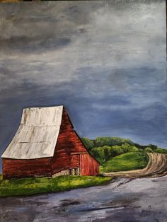 an oil painting of a barn and road