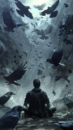 a man sitting in the middle of a forest with crows flying around him and looking up into the sky