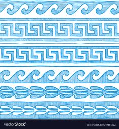 a set of hand drawn lines in blue and white colors, with different patterns on the edges