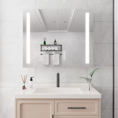 a bathroom with a sink, mirror and towel rack on the wall next to it