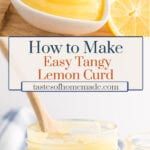 a jar filled with lemon curd sitting on top of a wooden table