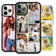 an iphone case with pictures of people and dogs on it, including a dog in the middle