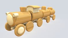 a wooden toy train is shown on a gray background with white circles around the wheels