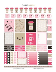 planner stickers with coffee cups and cats