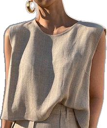 Beige Crew Neck Vest For Summer, Beige Crew Neck Vest For Spring, Casual Beige Sleeveless Tank Top, Beige Sleeveless Casual Tank Top, Solid Color Linen Sleeveless Tank Top, Sleeveless Linen Tank Top, Solid Linen Sleeveless Tank Top, Beige Crew Neck Tank Top For Summer, Casual Beige Vest Top