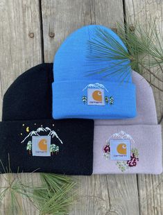 Embroidered Hats For Men, Embroidery Carhart Hat, Hat Hand Embroidery, Beanie Hand Embroidery, Mountain Hand Embroidery, Carhartt Hat Embroidery Diy, Beanie Embroidery Diy, Hand Embroidery Carhartt Beanie, Carhart Beanies Embroidered