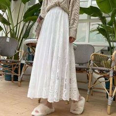 Elastic High Waist Lace A-Line Skirt Size chart(1cm=0.39inch)















size

Waist(cm)

Length(cm)





S

58-68

87





M

60-70

88





L

62-72

89





XL

64-84

90 Crochet Umbrella, Maxi Skirt Spring, Floral Lace Skirt, Big Skirts, White Lace Skirt, Campus Style, Plaid Pleated Skirt, Skirts Women, Skirts Midi High Waisted