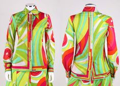 For Sale on 1stdibs - Vintage c.1970s Emilio Pucci green multi-color abstract signature print three piece cotton set. Light weight long sleeve button down shirt with button Retro Long Sleeve Spring Set, Vintage Long Sleeve Spring Sets, Vintage Long Sleeve Sets For Spring, Spring Abstract Print Long Sleeve Sets, Spring Sets With Abstract Print And Long Sleeves, Halter Top Shirts, Color Abstract, Retro Clothing, Cotton Set