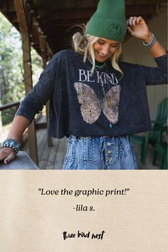 Bringing you the cutest long - sleeve version of your favorite graphic tee, the Be Kind Long Sleeve Graphic Top has arrived—and you're going to love it all season long! Comfortable, mineral washed Cotton fabric Relaxed tee shirt silhouette at a cropped length Classic Boat neckline with dropped shoulders and long sleeves So cute butterfly graphic print with "Be Kind" text print Raw edges and exposed center back seam for added boho style Pair with: Sophie Crochet Lace Bralette, Lightwave Overalls Bohemian Long Sleeve T-shirt For Fall, Washed Black Long Sleeve Top With Letter Print, Bohemian Long Sleeve Fall T-shirt, Acid Wash Graphic Tee For Fall, Fall Acid Wash Graphic Tee, Vintage Washed Black Long Sleeve Tops, Vintage Long Sleeve Washed Black Tops, Acid Wash Long Sleeve T-shirt With Letter Print, Washed Black Graphic Tee For Fall