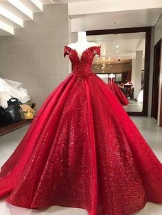 Elegant Red Ball Gown Sparkly Sequin Quinceanera Prom Dresses Party Dresses For Teens, Red Ball Gowns, Red Ball Gown, Red Quinceanera Dresses, Cheap Gowns, Sparkly Prom Dresses, Graduation Party Dresses, Sweetheart Prom Dress, Red Ball