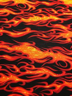 red and yellow flames on black background with white swirls in the foreground,