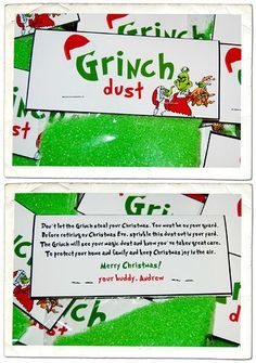 two christmas coupons with the grin's dust on them