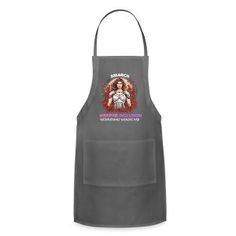 a gray apron with an image of a woman on it