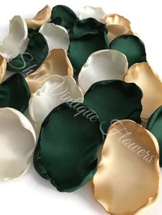 green and white satin flower petals with gold trims on the edges, set of 10