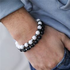 This bracelet is made of Onyx Beads are strung on a strong elastic stretch cord and can be easily slipped on and off the wrist.With a message card, this bracelet is the ideal gift for son. Beads : Agate Finish : Black + White Width : 8mm Length : 7" / 18 CM stretchable. Fit perfectly with small and medium wrists. Boys Beaded Bracelets, Boy Bracelets, Mens Bracelet Diy, Mens Bracelet Set, Son Bracelet, Boys Bracelets, Promise Rings For Guys, Personalized Leather Bracelet, Bracelets Patterns