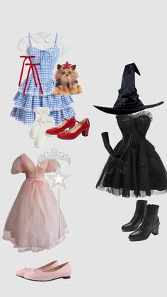 there are many different types of dresses and shoes on this page, including one with a dog in the top hat