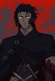 an anime character with red eyes and black hair, wearing a cloak over his shoulders