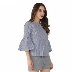 Flare sleeve beautiful striped pearl beaded women top. S (US 2-4), M (US 6-8), L (US 8-10), XL (US 12-14) Collar: O-NeckSleeve Style: Flare SleeveSleeve Length (cm): Three QuarterStyle: CasualPattern Type: StripedMaterial: Cotton, PolyesterDecoration: BeadingClothing Length: Regular Pictures from Real Customers given to us! Three Quarter Sleeve Blouses, Striped Shirts, Flare Sleeves, Cute Blouses, Three Quarter Sleeves, Flared Sleeves, Womens Fashion Casual, Striped Shirt, Pearl Beads