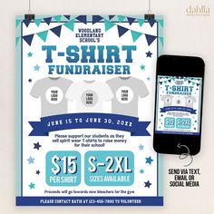 a t - shirt fundraiser flyer with an iphone next to it