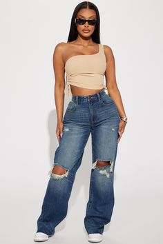 Available In Dark Wash. Straight Leg Jean Non Stretch Ripped 5 Pocket Raw Hem 32" Inseam 11" High Rise Disclaimer: Due To The Specialized Wash & Distressing Process, Each Garment Is Unique 100% Cotton Imported | Shock Value Non Stretch Straight Leg Jeans in Dark Wash size 11 by Fashion Nova High Rise Jeans Outfit Curvy, Fashionnova Jeans, Baggy Ripped Jeans, Black Ponytail, Black Ponytail Hairstyles, Fasion Outfits, Fashion Nova Outfits, Vacay Outfits, Outfit Jeans